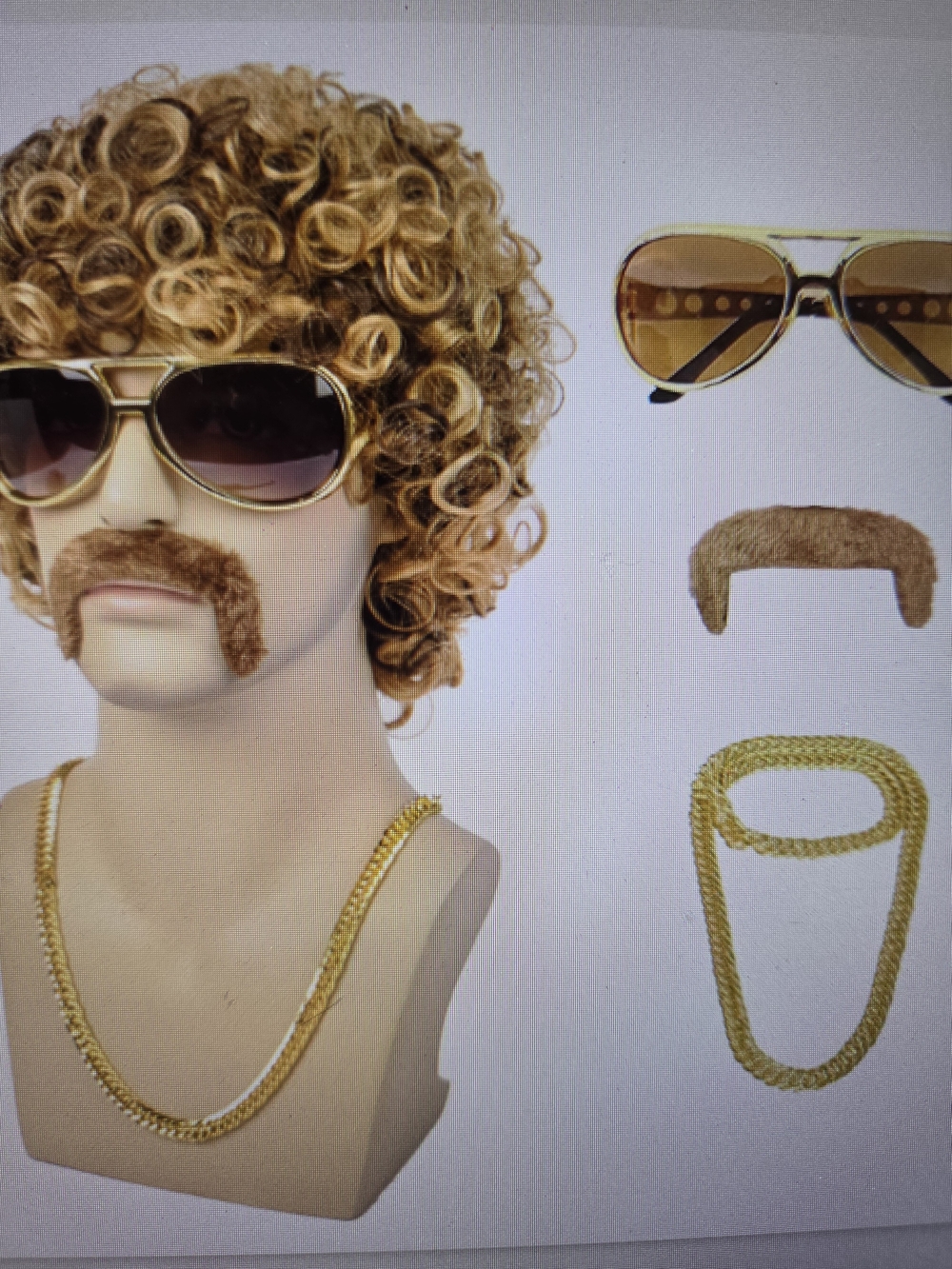 70s Retro Costume Wig, Mustache, Gold Chain & Aviator Sunglasses Set Blonde 5 Pc